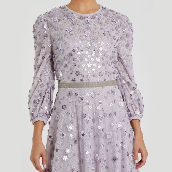 Mac Duggal 93805 Size 10 Purple Floral Puff Sleeve High Neck A-Line‎ Gown Dress - Picture 3 of 4